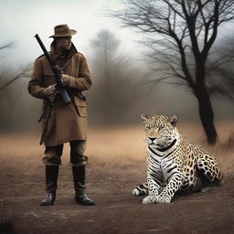 A dramatic image of a hunter with a shotgun in the aftermath of a hunt, standing over a jaguar