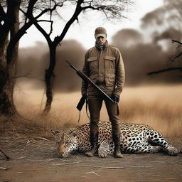 A dramatic image of a hunter with a shotgun in the aftermath of a hunt, standing over a jaguar