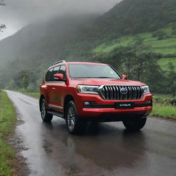 A cartoon-like, luxurious, red 2023 model V8 Land Cruiser on a single road amidst a lush, green village. Capture a frontal view of the vehicle, additionally featuring a scenic, rainy cloud environment.