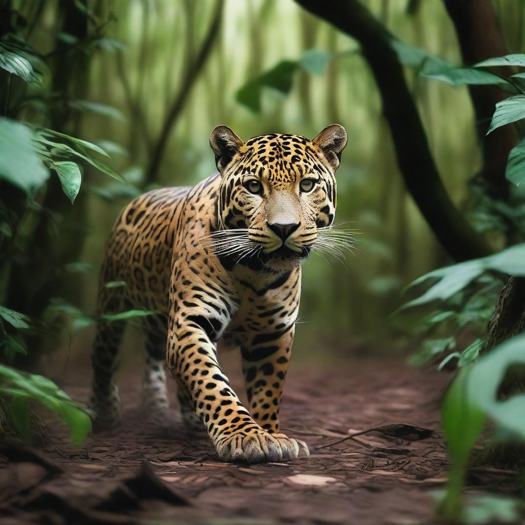 A powerful image of a jaguar, standing over a fallen hunter in the dense jungle