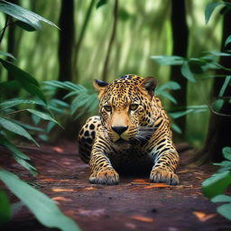 A powerful image of a jaguar, standing over a fallen hunter in the dense jungle