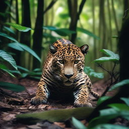 A powerful image of a jaguar, standing over a fallen hunter in the dense jungle