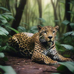 A powerful image of a jaguar, standing over a fallen hunter in the dense jungle