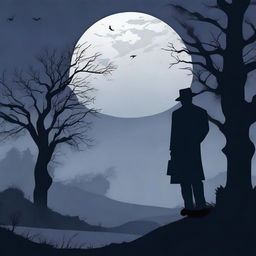 A mysterious crime scene under the full moon, with a dark silhouette of a detective examining clues