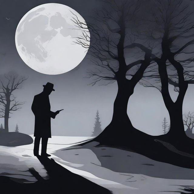 A mysterious crime scene under the full moon, with a dark silhouette of a detective examining clues