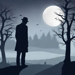 A mysterious crime scene under the full moon, with a dark silhouette of a detective examining clues