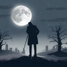 A mysterious crime scene under the full moon, with a dark silhouette of a detective examining clues