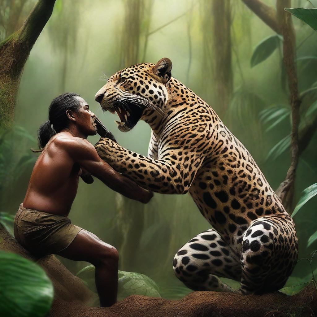 An intense scene of a jaguar and a hunter locked in a fierce struggle