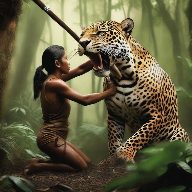 An intense scene of a jaguar and a hunter locked in a fierce struggle