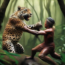 An intense scene of a jaguar and a hunter locked in a fierce struggle