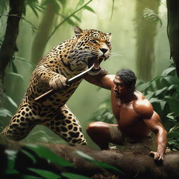 An intense scene of a jaguar and a hunter locked in a fierce struggle