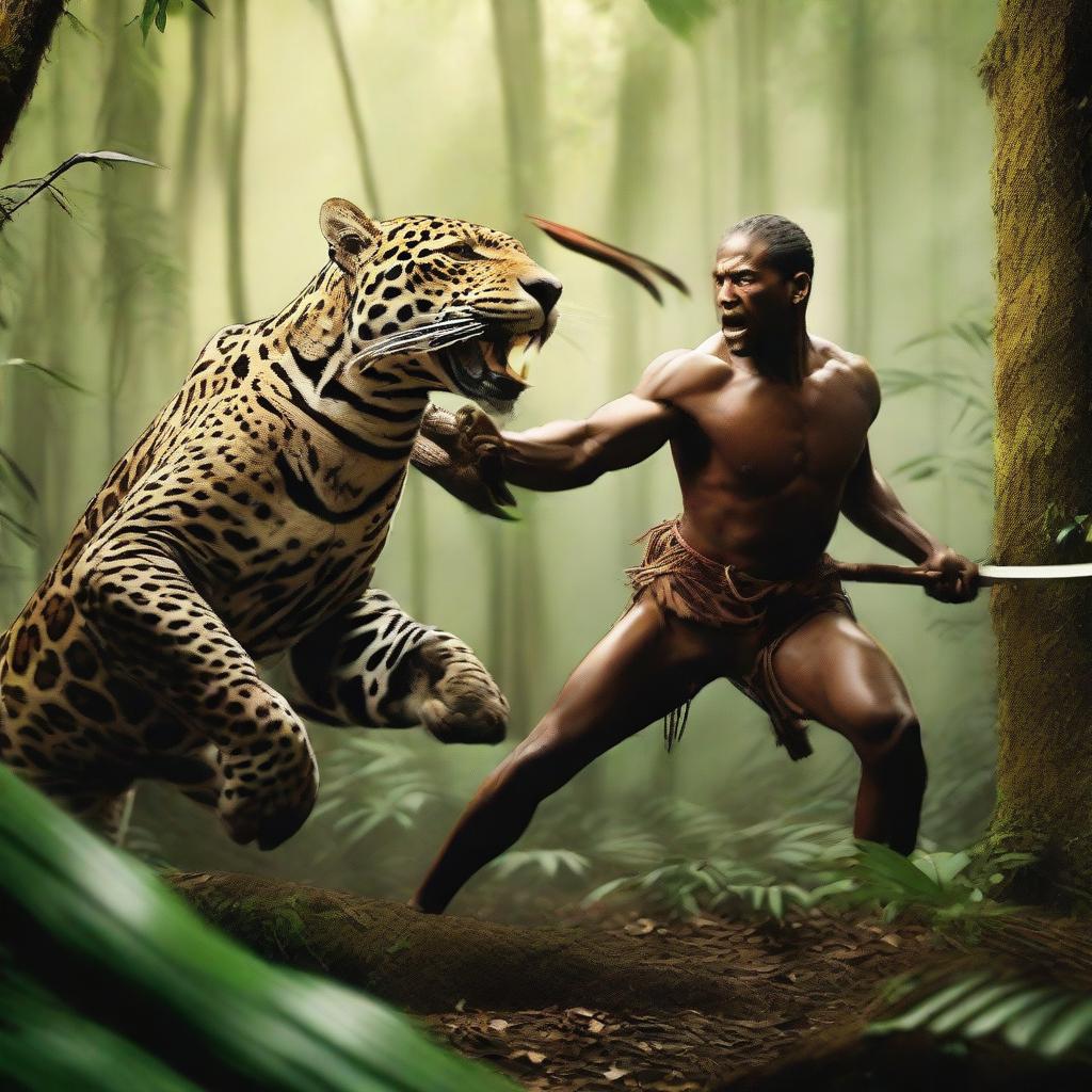 An intense scene of a jaguar and a hunter engaged in a fierce battle