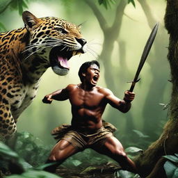 An intense scene of a jaguar and a hunter engaged in a fierce battle