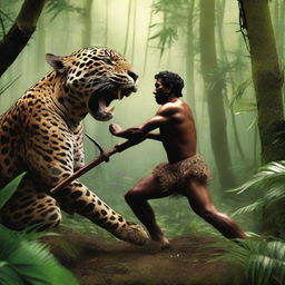 An intense scene of a jaguar and a hunter engaged in a fierce battle