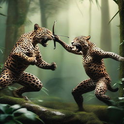 An intense scene of a jaguar and a hunter engaged in a fierce battle