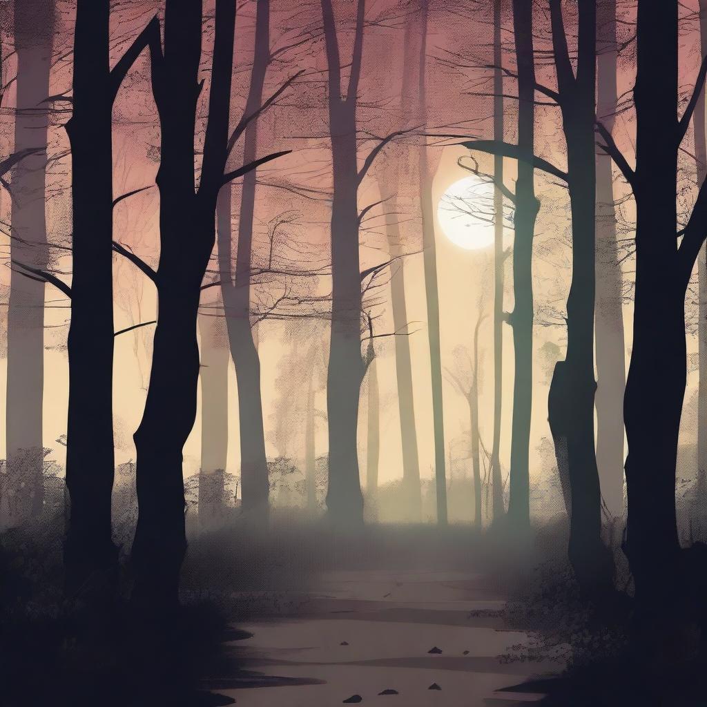 Illustrate a mysterious crime scene in a forest during the night