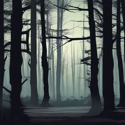 Illustrate a mysterious crime scene in a forest during the night