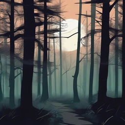 Illustrate a mysterious crime scene in a forest during the night