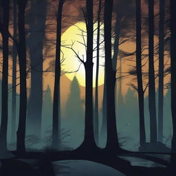 Illustrate a mysterious crime scene in a forest during the night