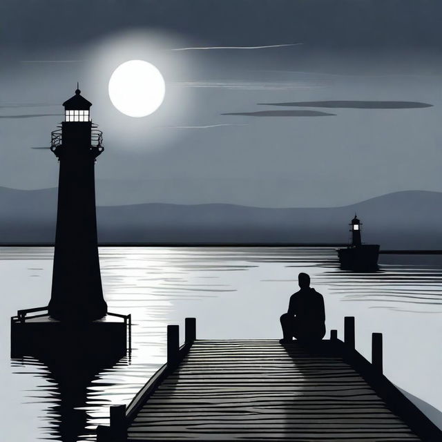 A man sitting at the edge of a dock at night