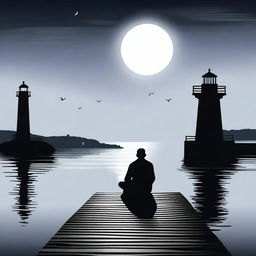 A man sitting at the edge of a dock at night