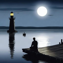 A man sitting at the edge of a dock at night