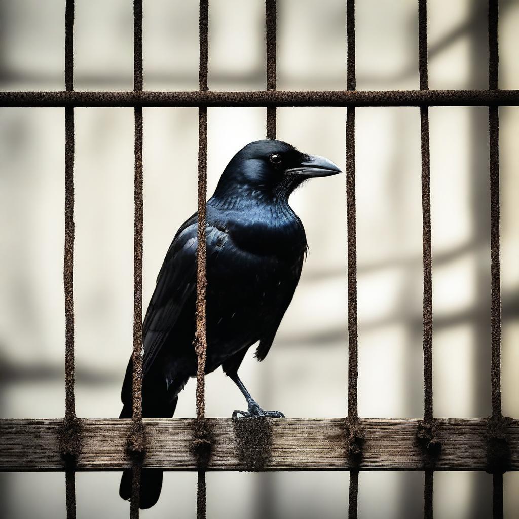 Generate an image of a crow inside a cage