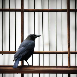 Generate an image of a crow inside a cage