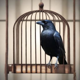 Generate an image of a crow inside a cage