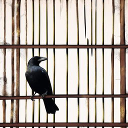 Generate an image of a crow inside a cage
