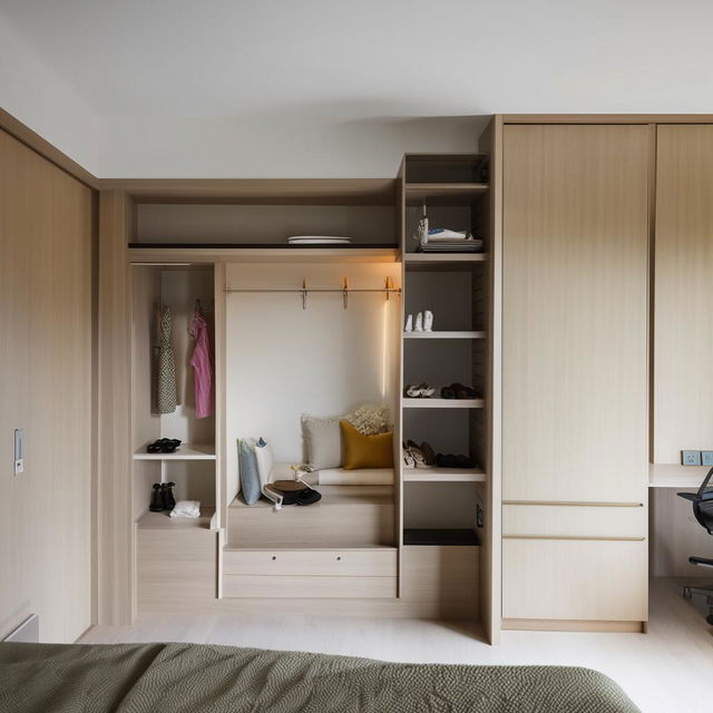 Spacious bedroom design with an attached bathroom, extensive storage space, a dressing table near the bed, a wardrobe with shoe organizer, window seating with shelves beneath, and a clever storage area for daily use items featuring a beneath extendable study table.