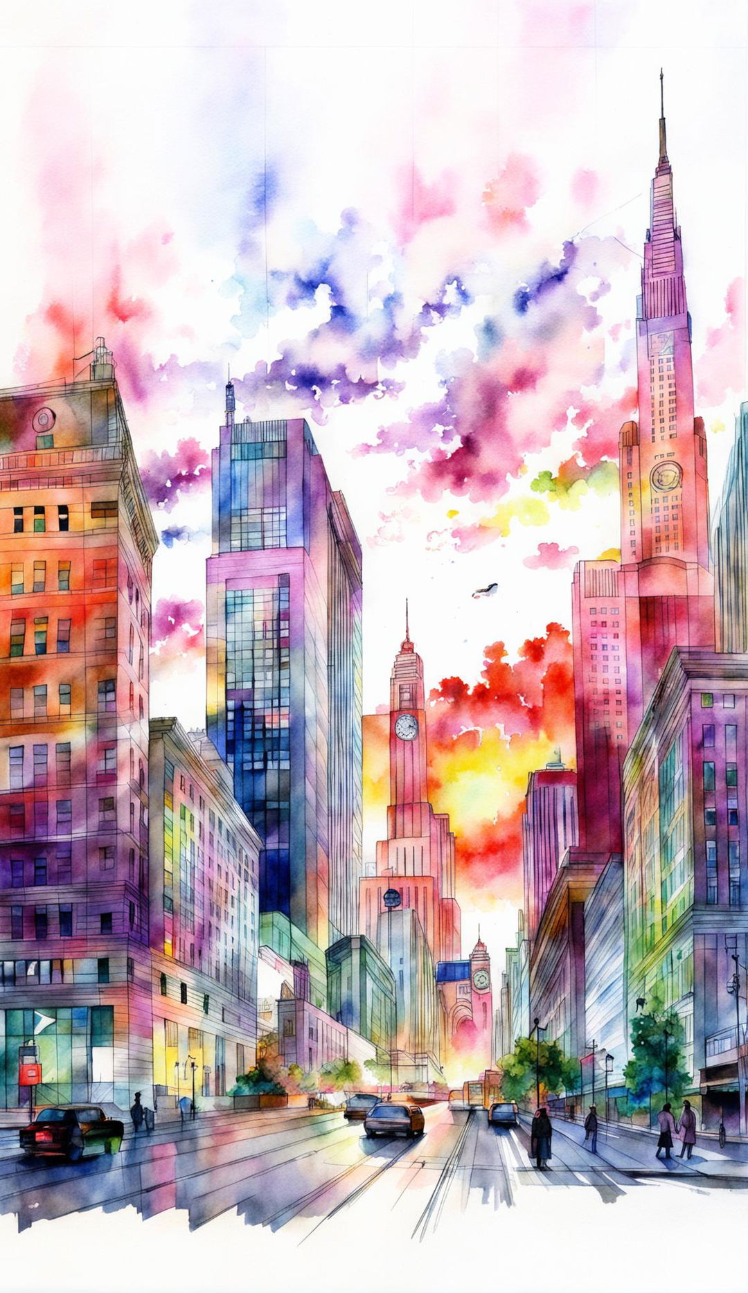 Watercolour architectural sketch of a cityscape with a blend of modern and historic buildings, bustling streets, and a vibrant sunset sky.