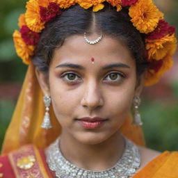 An Indian girl with striking features displaying traditional garb, decorated in a colorful sari, intricate jewellery and a decorative bindi on her forehead, with a background of vibrant marigold flowers.