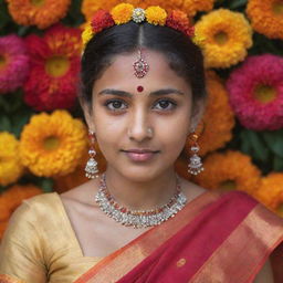 An Indian girl with striking features displaying traditional garb, decorated in a colorful sari, intricate jewellery and a decorative bindi on her forehead, with a background of vibrant marigold flowers.