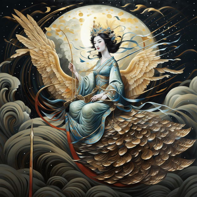 A traditional Chinese goddess is riding a golden peacock in the night sky filled with stars, clouds, and a moon