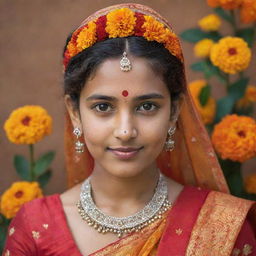 An Indian girl with striking features displaying traditional garb, decorated in a colorful sari, intricate jewellery and a decorative bindi on her forehead, with a background of vibrant marigold flowers.