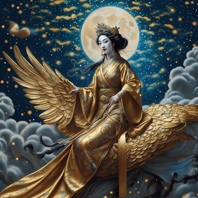 A photorealistic 32k ultra HD image of a traditional Chinese goddess riding a golden peacock through a starlit sky with clouds and a moon