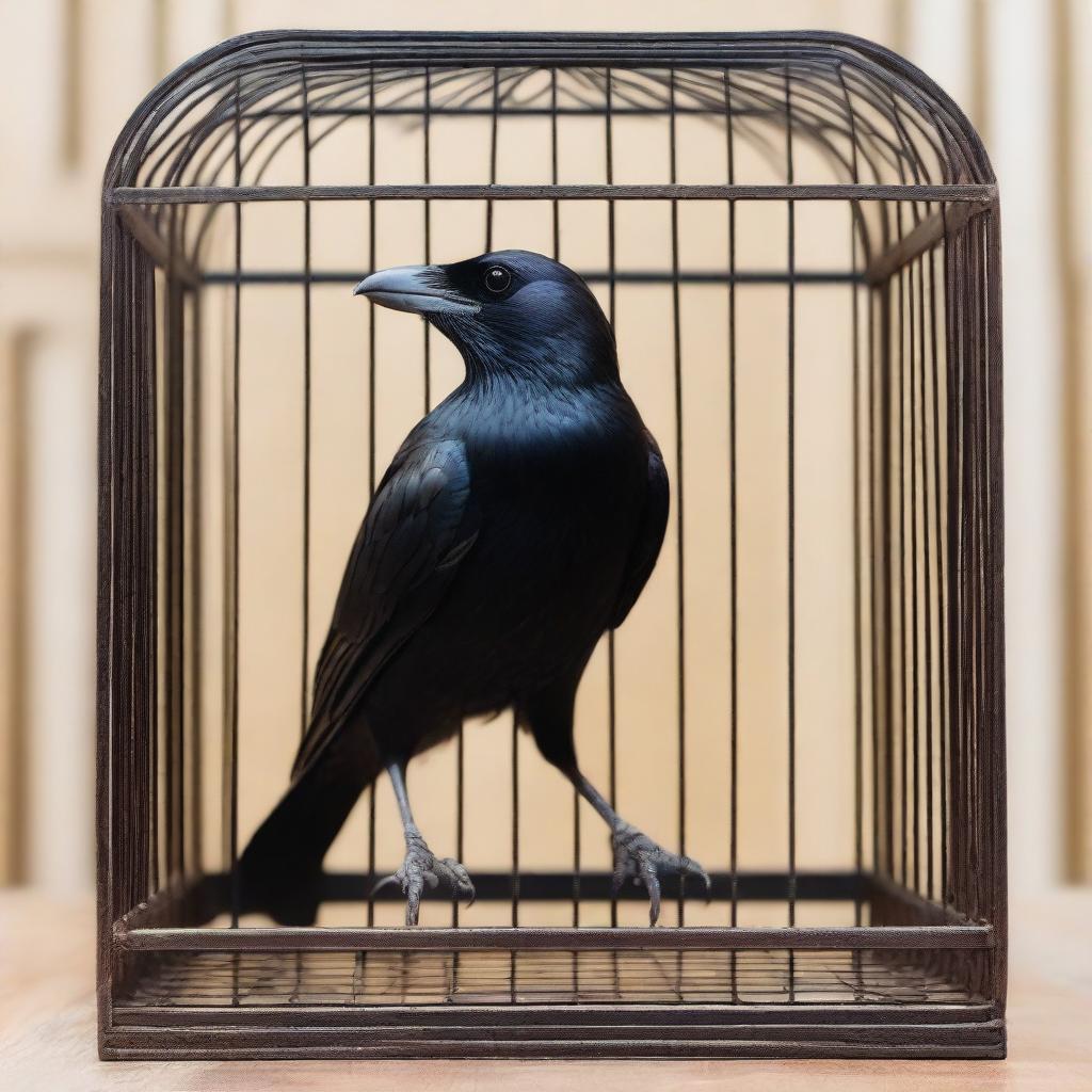 A detailed image of a crow inside a cage