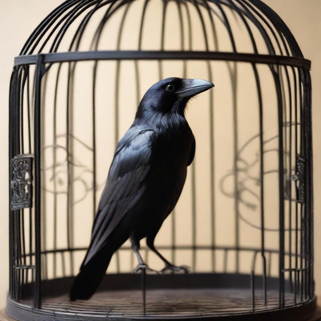 A detailed image of a crow inside a cage