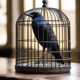 A detailed image of a crow inside a cage