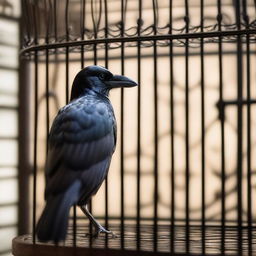 A detailed image of a crow inside a cage