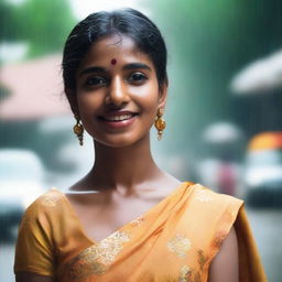 A young woman wearing a saree, her clothes and skin glistening as if she has just stepped out of a summer rain