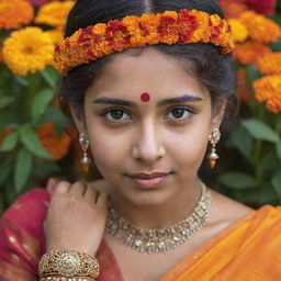 An Indian girl with striking features displaying traditional garb, decorated in a colorful sari, intricate jewellery and a decorative bindi on her forehead, with a background of vibrant marigold flowers.