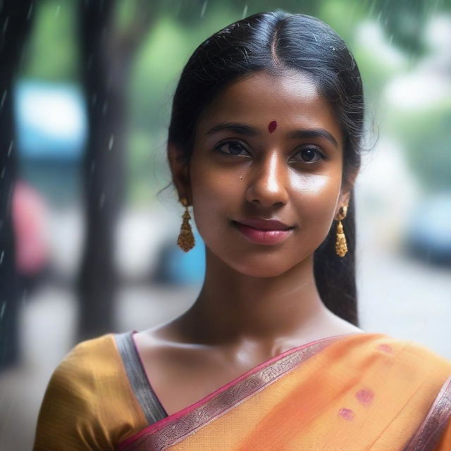 A young woman wearing a saree, her clothes and skin glistening as if she has just stepped out of a summer rain