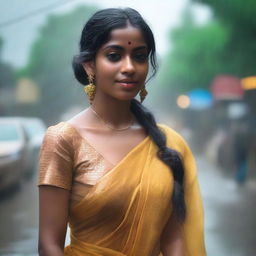 A young woman wearing a saree, her clothes and skin glistening as if she has just stepped out of a summer rain