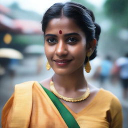 A young woman wearing a saree, her clothes and skin glistening as if she has just stepped out of a summer rain