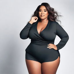 A confident, plus-size woman wearing a fashionable two-piece outfit