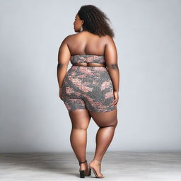 A confident, plus-size woman wearing a fashionable two-piece outfit