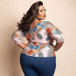 A confident, plus-size woman wearing a fashionable two-piece outfit