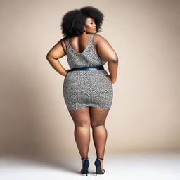 A confident, plus-size woman wearing a fashionable two-piece outfit